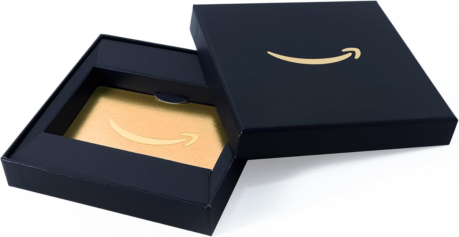 Amazon Physical Gift Card in a Black Gift Box